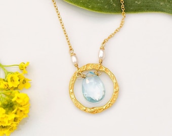 Blue Topaz Necklace, Circle Charm Necklace Tiny Freshwater Pearls, Something Blue Crew Gift Jewelry, December Birthstone, Christmas Gift