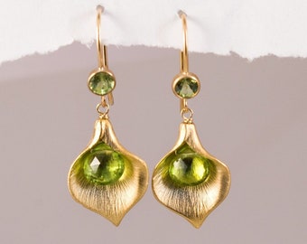 August Birthday Peridot Drop Earrings, Flower Hook Dangle, Green Birthstone Gift, Birthday Gift Jewelry, Calla Lily Petal Earrings, Boho