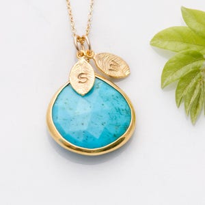Turquoise Necklace Gold, Custom Stamped Initial Necklace, Gifts for Her, December Birthstone Jewelry, Personalized Birthday Gift Jewelry