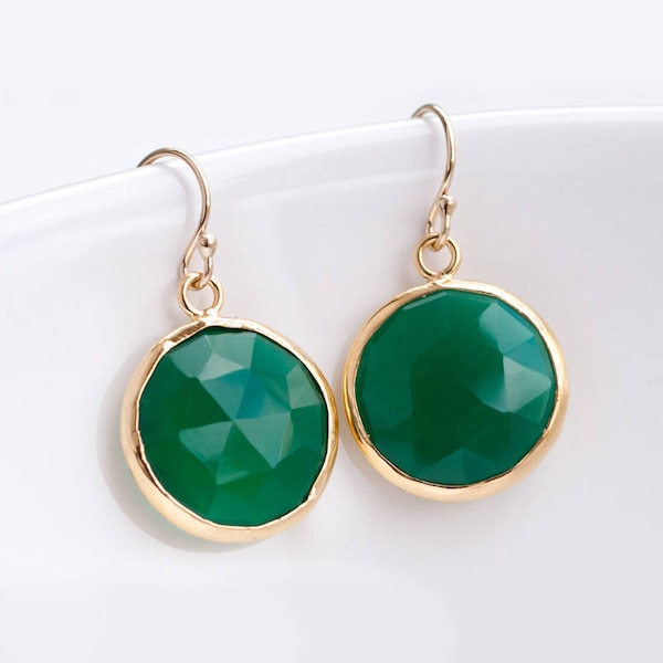 Green Onyx Earrings - Green Stone Earrings - Round Gemstone Earrings - Gold Earrings - Drop Earrings