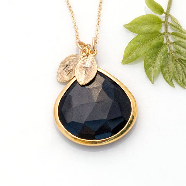 Black Onyx Necklace, Custom Initial Necklace Gold, Keepsake Gift, Black Stone Necklace, Gemstone Pendant, Initial Stamped Jewelry