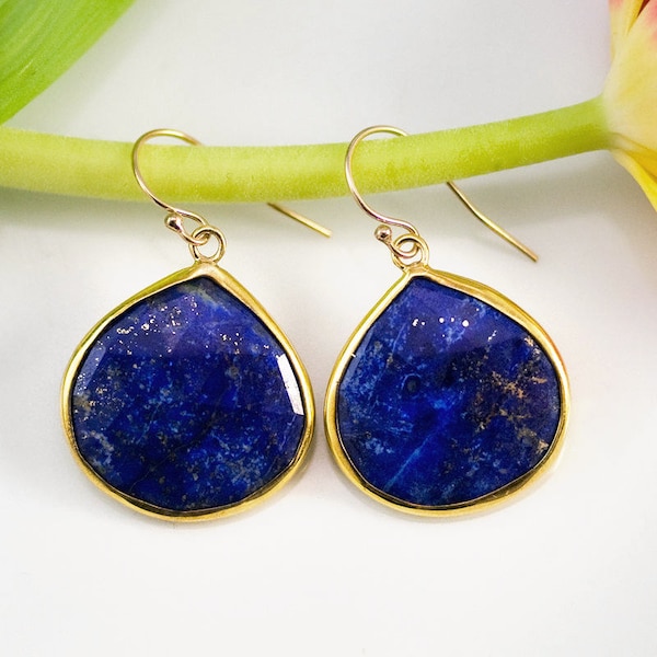 Natural Lapis Lazuli Drop Earrings Gold, September Birthstone, Birthday Jewelry, Statement Earrings, Blue Stone Earrings, Dangle Earrings