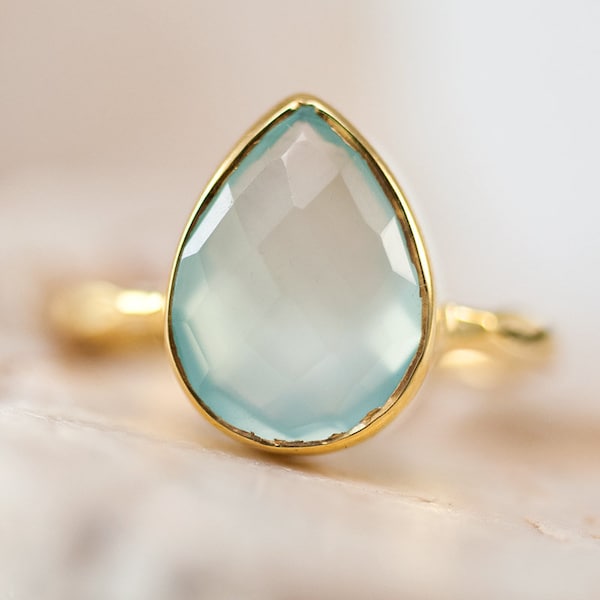 Aqua Blue Chalcedony Ring Silver - Stackable Ring - Sea Foam Green Ring - Tear Drop Ring - Solitaire Ring