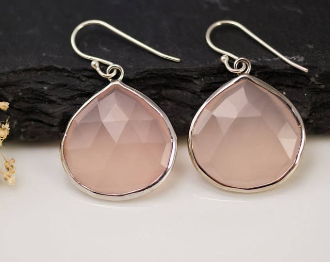 Blush Pink Drop Earrings, Sterling Silver Gemstone Dangle, Pink Chalcedony Earrings, Rose Quartz Earrings Silver, Gift for Girlfriend, Boho