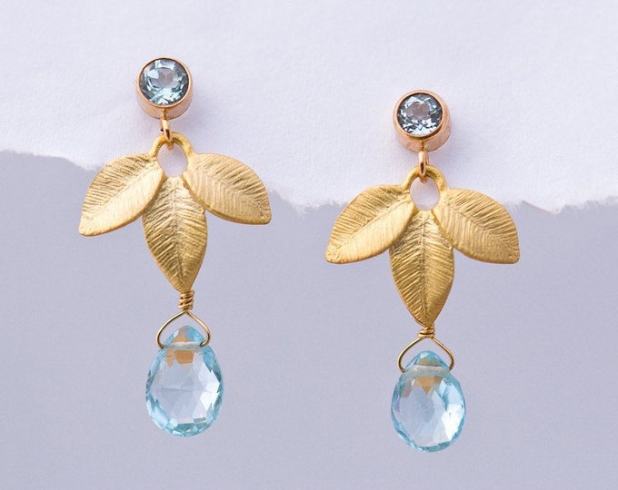 Dainty Blue Topaz Drop Earrings, December Birthstone Gift, Bridal Something Blue, Floral Gold Leaves, Birthstone Earrings, Mom Jewelry Gift