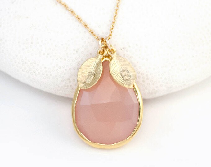 October Birthstone Necklace, Custom Initial Necklace, Gold Blush Pink Monogram Necklace, Pink Chalcedony Rose Quartz Bridesmaid Gift Ideas