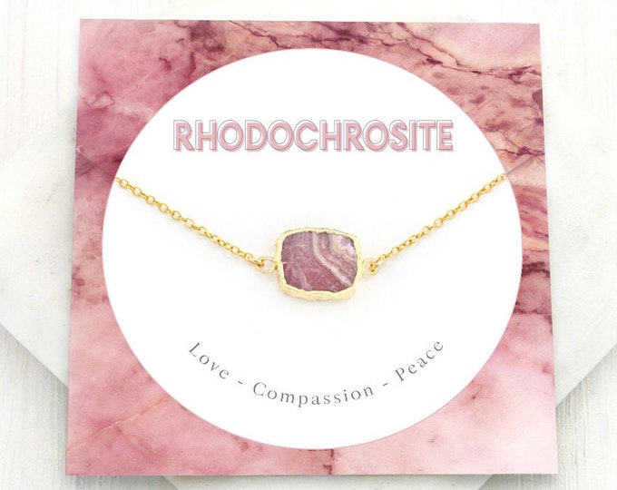 Rhodochrosite Gemstone Slice Necklace, Love Peace Crystal Jewelry Gift, Genuine Stone Layering Choker, Pink Love Pendant Gold Filled Chain