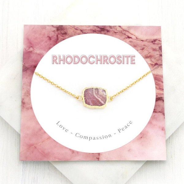 Rhodochrosite Gemstone Slice Necklace, Love Peace Crystal Jewelry Gift, Genuine Stone Layering Choker, Pink Love Pendant Gold Filled Chain