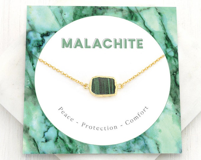 Natural Malachite Crystal Gemstone Necklace, Gold Filled Green Stone Choker, Boho Layering Gem Slice Pendant, Love & Protection Gift for Her