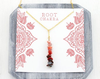 Root Chakra Gemstone Y-Necklace, Red and Black Jewelry, Inspirational Gift for Her, Spiritual Healing Crystals, Good Vibes, Raw Gemstones