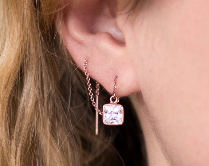 Rose Gold Geometric CZ threader earring, Double Piercing Earring, Modern Simple Jewelry, Everyday Earrings, Square Crystal Earrings