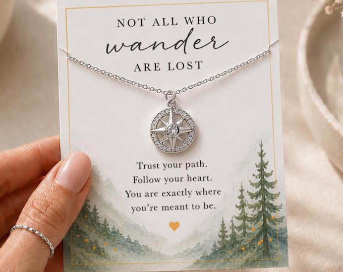 Not All Who Wander Are Lost Necklace, Compass Charm Necklace, Sterling Silver Chain, Pave Cubic Zirconia Jewelry, Inspirational Gift