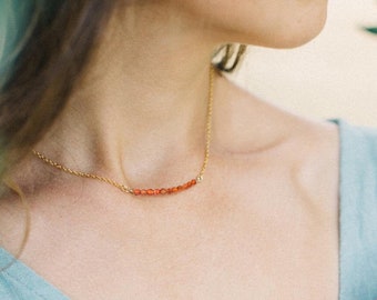 Dainty Carnelian Necklace, Confidence Crystal of Attraction / Love, Wire Wrapped Real Gemstone Bar Necklace, Layering Choker, Christmas Gift