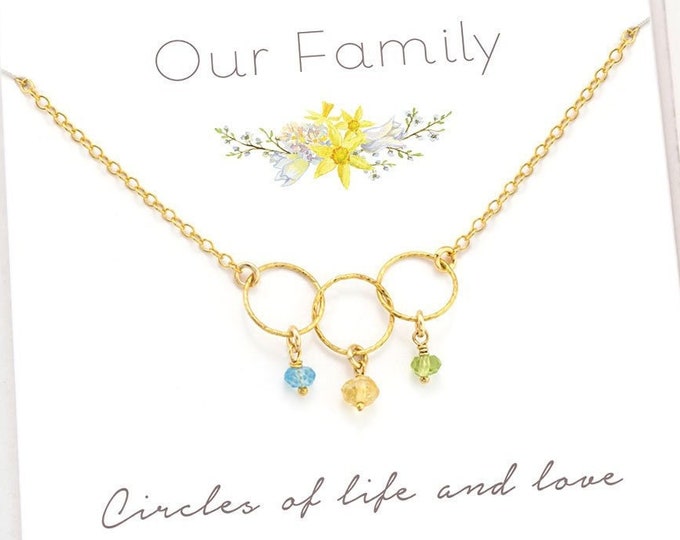 Gold Family Necklace, Personalized Gift, 3 Linked Circle Necklace with Birthstones, Eternity Necklace, Mother Gift Jewelry, Bonus Mom Gift