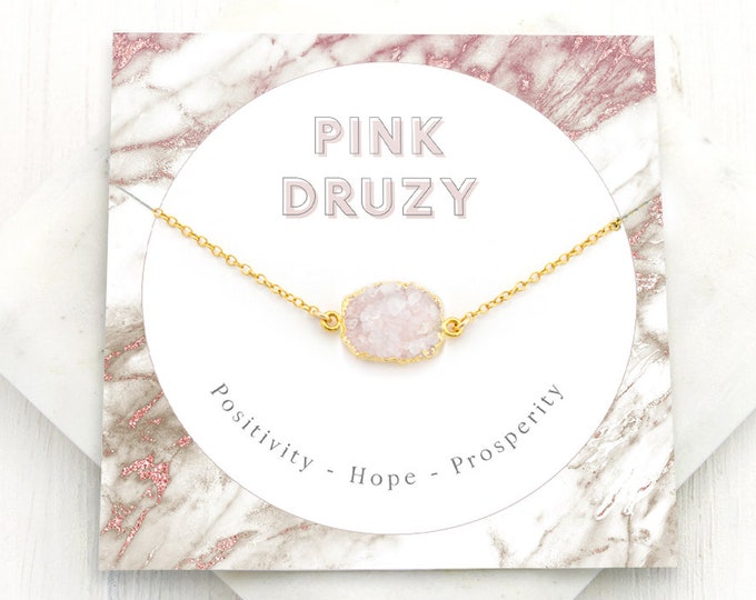Pink Druzy Necklace, Natural Druzy Pendant Necklace, Druzy Tiny Crystals, Raw Crystal Necklace,  Gift Necklace, Gift Ideas, NK-GS