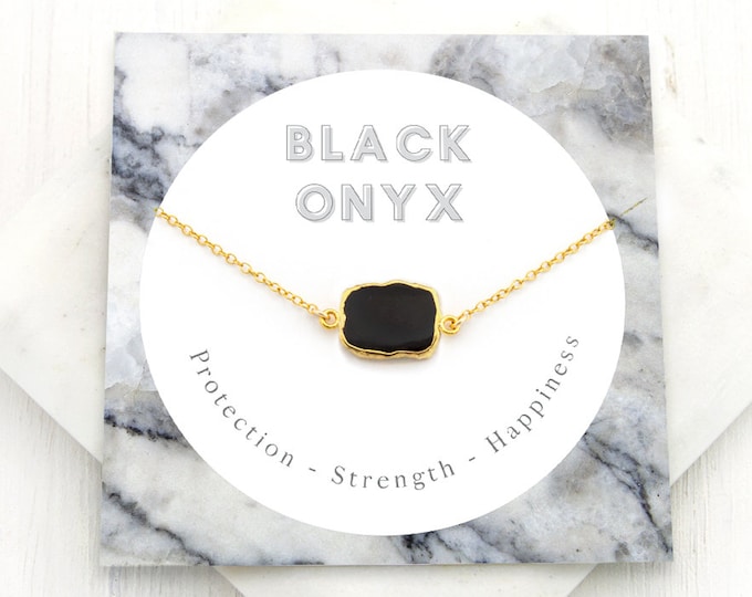 Black Onyx Necklace, Strength Crystal Gift Necklace, Black Gemstone Pendant, Simple Stone Choker, Protection Amulet, Birthday Gift for Her