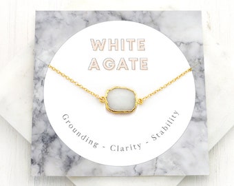 White Agate Gem Slice, Simple Stone Pendant, Minimalist Layering Necklace, Modern Bridal, Genuine Gemstone Connector,  Gifts, NK-GS