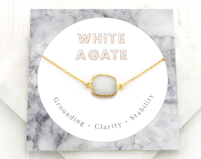 White Agate Gem Slice, Simple Stone Pendant, Minimalist Layering Necklace, Modern Bridal, Genuine Gemstone Connector,  Gifts, NK-GS