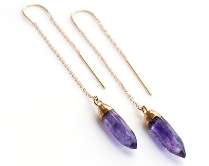 Purple Amethyst Earrings, Gold Gemstone Threaders, Spike Earrings, February Birthstone, Ultra Violet, Threader Earrings, Minimal Gift, TH-B