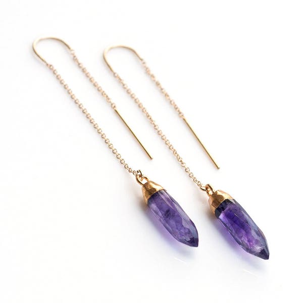 Purple Amethyst Earrings, Gold Gemstone Threaders, Spike Earrings, February Birthstone, Ultra Violet, Threader Earrings, Minimal Gift, TH-B