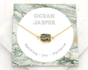 Ocean Jasper Necklace, Natural Crystal Gemstone Necklace, Unique Gemstone Choker, Gem Slice Necklace, Gift Necklace on Card, Birthday Gifts