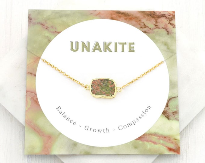 Unakite Gemstone Crystal Necklace, Pink and Green Natural Gem Slice Gold Framed Choker, Stone of Balance and Growth, Dainty Layering Choker