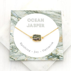 Ocean Jasper Necklace, Natural Crystal Gemstone Necklace, Unique Gemstone Choker, Gem Slice Necklace, Gift Necklace on Card, Birthday Gifts
