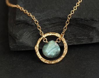 Labradorite Pendant Necklace, Hammered Circle Necklace, Dainty Gemstone Necklace, Gift for Girlfriend, Simple Stone, NK-HC