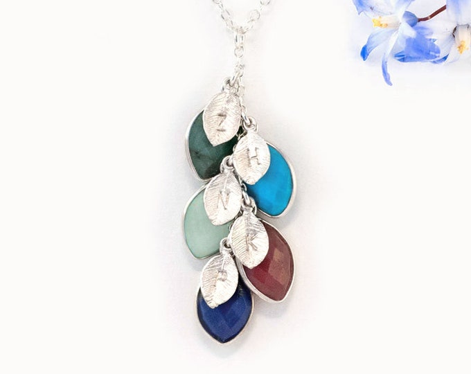 Silver Family Tree Cascade Necklace, Birthstone Generations Necklace for Grandma, Engraved Initial Necklace, Meaningful Christmas Gift