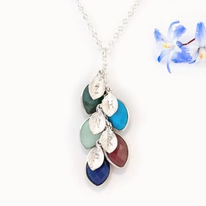 Silver Family Tree Cascade Necklace, Birthstone Generations Necklace for Grandma, Engraved Initial Necklace, Meaningful Christmas Gift