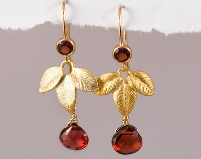 Tiny Garnet Drop Earrings, Elegant Gold Leaf Earrings, January Birthstone Gift, Dangle Earrings for Mom, Nature Inspired Jewelry, Delicate