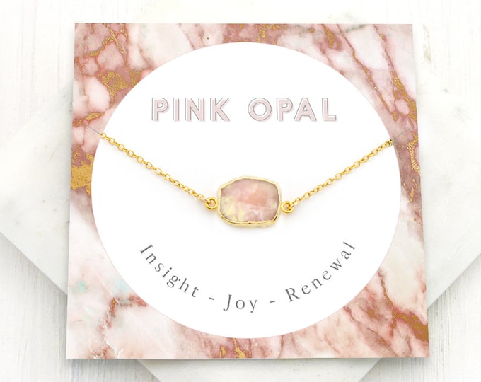 Pink Opal Necklace, Dainty Gem Slice Choker, Boho Layering Necklace, October Birthstone Gift, Genuine Real Opal Pendant, Gift for Daughter