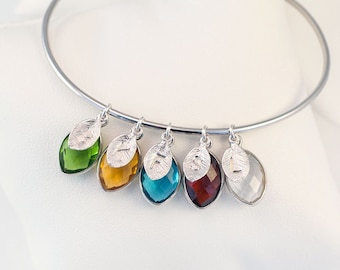 Grandma Charm Bangle with Grandkids Birthstone and Initials, Personalized Birthstone Bangle, Mothers Bracelet, Adjustable Bangle, Nana Gift