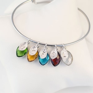 May include: Silver bangle bracelet with six charms, each featuring a different colored gemstone and a silver leaf with an initial engraved on it.