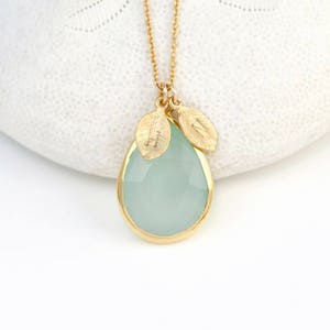 Aqua Chalcedony Necklace, March Birthstone Necklace, Personalized Initial Necklace, Stamped Jewelry, Gemstone Crystal Pendant, Gift for BFF