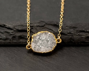 Natural Crystal Necklace, White Druzy Necklace, Gemstone Slice Choker, Druzy Necklace, Dainty Stone Necklace, Bridesmaid Gift, NK-GS