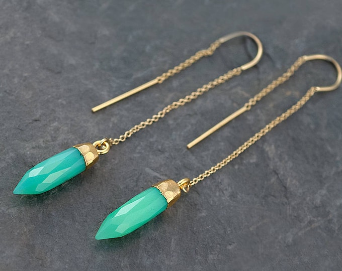 Mint Green Ear Threaders, Statement Earrings Gold, Green Chrysoprase Dangle, Best Friend Gift, Gift for Girlfriend, Gemstone Point, TH-B