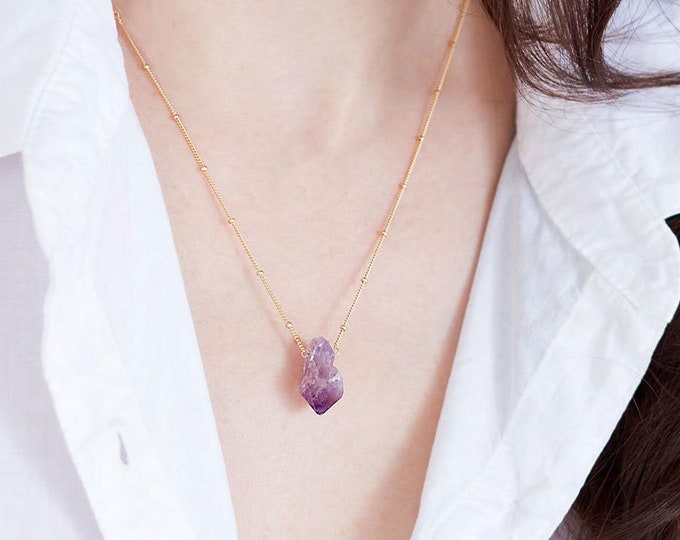 Raw Crystal Layering Necklace, Rough Cut Amethyst Stone Pendant, Rose Gold Satellite Chain, Handmade Necklace, February Birthstone, NK-ST