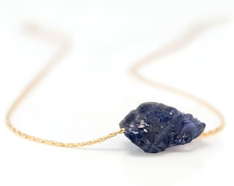 Raw Iolite Necklace, 14k Gold Fill Chain, Dainty Crystal Pendant Necklace, Sterling Silver, Dark Blue Necklace, Gift for Girlfriend, Choker