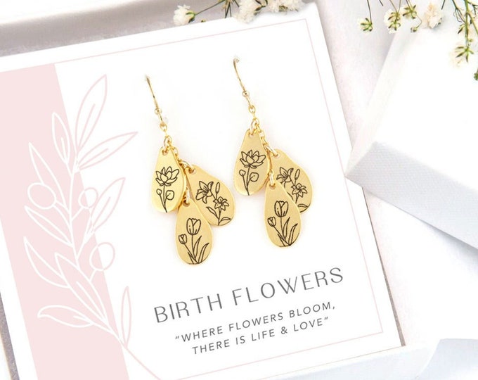 Gold Dangle Multi Cascade Birth Month Flower Earrings, Engraved Unique Personalized Kids Birth Month Flower Jewelry for Mom for Christmas
