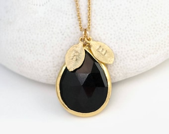 Stone of Protection, Black Crystal Onyx Necklace, Personalized Initial Necklace, Tear Drop Gem Pendant, Meaningful Gift, Big Sister Gift