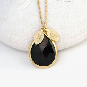 Stone of Protection, Black Crystal Onyx Necklace, Personalized Initial Necklace, Tear Drop Gem Pendant, Meaningful Gift, Big Sister Gift