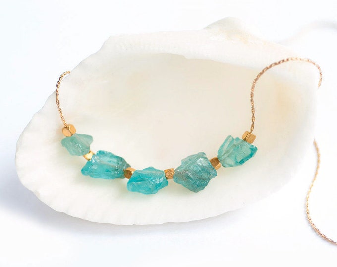 Raw Apatite Necklace, Natural Gemstone Necklace,  Crystal Necklace, Boho Layering Choker, Birthday Gift for Her, Aqua Stone, BFF Gift