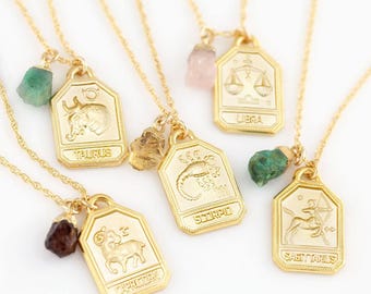 Zodiac Tag Necklaces, Dainty Birthstone Crystal Charm Necklace, Gold Filled Sterling Silver Layering Chain, Astrology Star Sign Jewelry Gift
