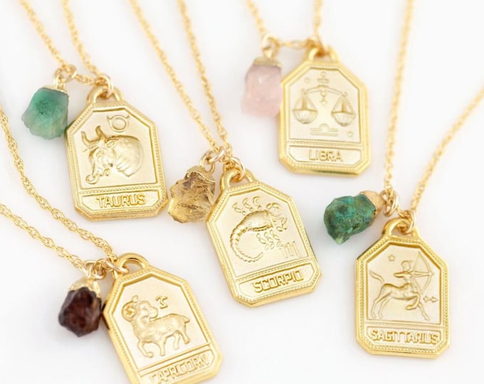 Zodiac Tag Necklaces, Dainty Birthstone Crystal Charm Necklace, Gold Filled Sterling Silver Layering Chain, Astrology Star Sign Jewelry Gift