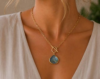 Labradorite Pendant Necklace, Gold Paperclip Chain, Genuine Gemstones, Toggle Clasp