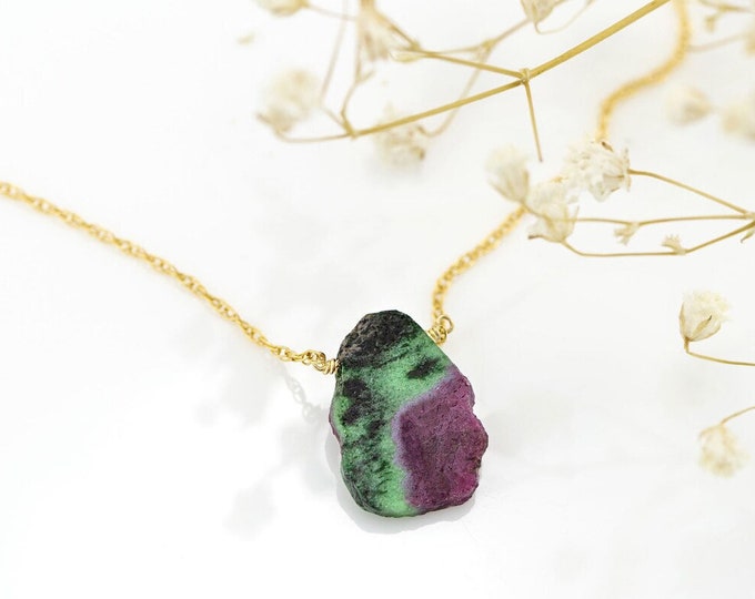 Raw Ruby Gemstone Slice Necklace, July Birthstone Ruby Zoisite Birthday Gift, Unique Raw Cut Stone Pendant, Wire Wrapped Layering, Summer