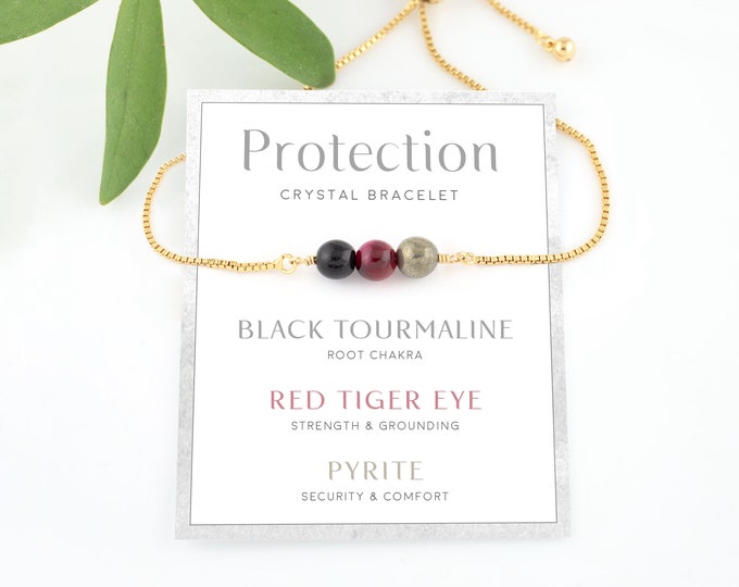 Protection Crystal Bracelet, Black Tourmaline Tiger Eye Pyrite, Adjustable Gold Bracelet,  Crystal Set for Protection, Birthday Gift