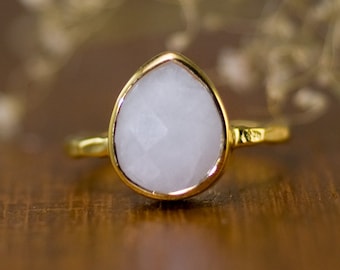 White Agate Ring Gold, Bridal Ring, White Stone Ring, Gemstone Ring, Stackable Solitaire Ring, Tear Drop Ring, One of a Kind Gift, RG-PB