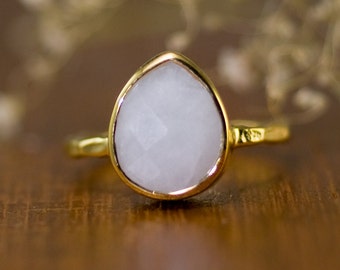 White Agate Ring Gold, Bridal Ring, White Stone Ring, Gemstone Ring, Stackable Solitaire Ring, Tear Drop Ring, One of a Kind Gift, RG-PB